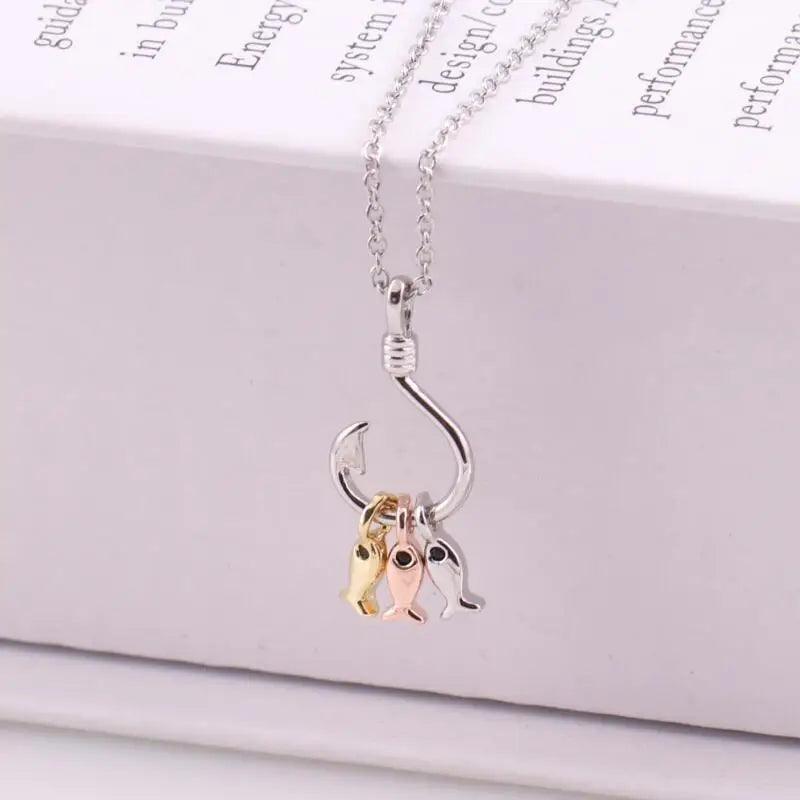 ANENJERY Silver Color Cute Three Small Fish Pendant Necklace With Fish Hook Charms Jewelry For Best Friend Gift