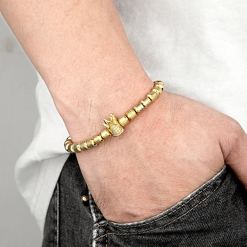 MKENDN Luxury Micro Pave CZ Crown Royal Charm Men Bracelets Stainless Steel Crystals Bangles Couple Handmade Jewelry Gift