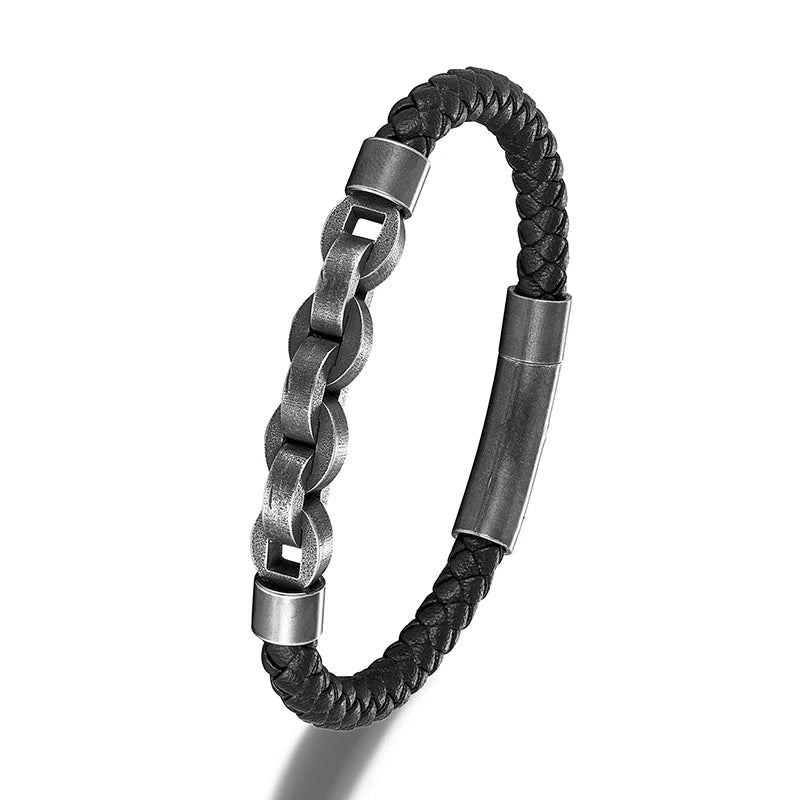 MKENDN Charm Braid Rope Armband für Herren, Edelstahl oxidiert, Bikerkette mit Knopfverschluss, Punk-Schmuckgeschenk für Damen und Herren