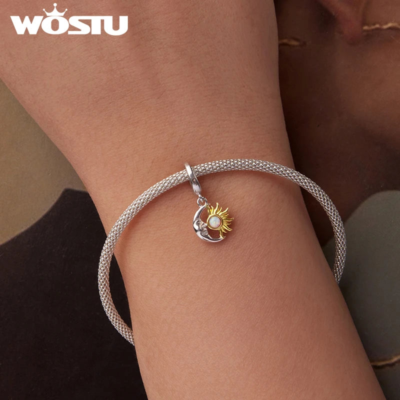 WOSTU 925 Sterling Silver Sun and Moon Charm Pendant White Gold Original Fit for Women Bracelets DIY Birthday Daily Fine Jewelry