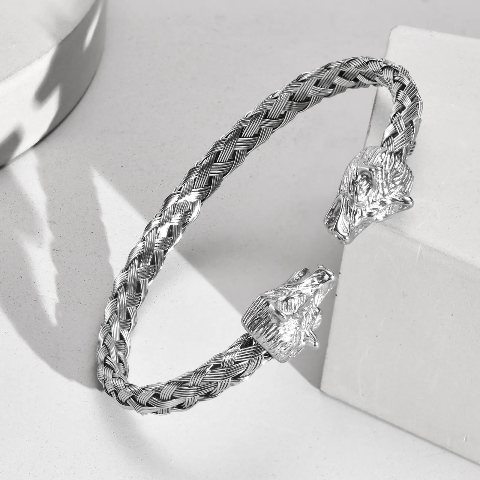 MKENDN Nordic Mythology Double Wolf Head Bracelet & Bangle Charm Open Cuff Bangles Stainless Steel Men Women Amulet Jewelry Gift - Madeinsea©