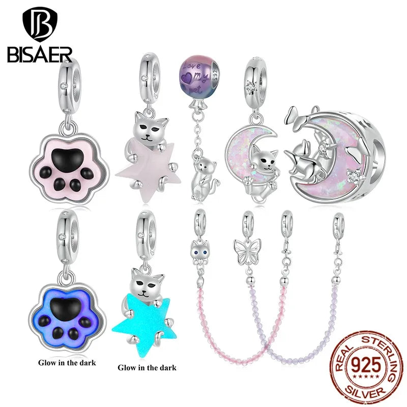 BISAER Pendentif en forme d'étoile en forme de chat mignon en argent sterling 925, breloques en forme de ballon volant, pattes de chat, perles adaptées aux bracelets à faire soi-même pour femme, bijoux fins