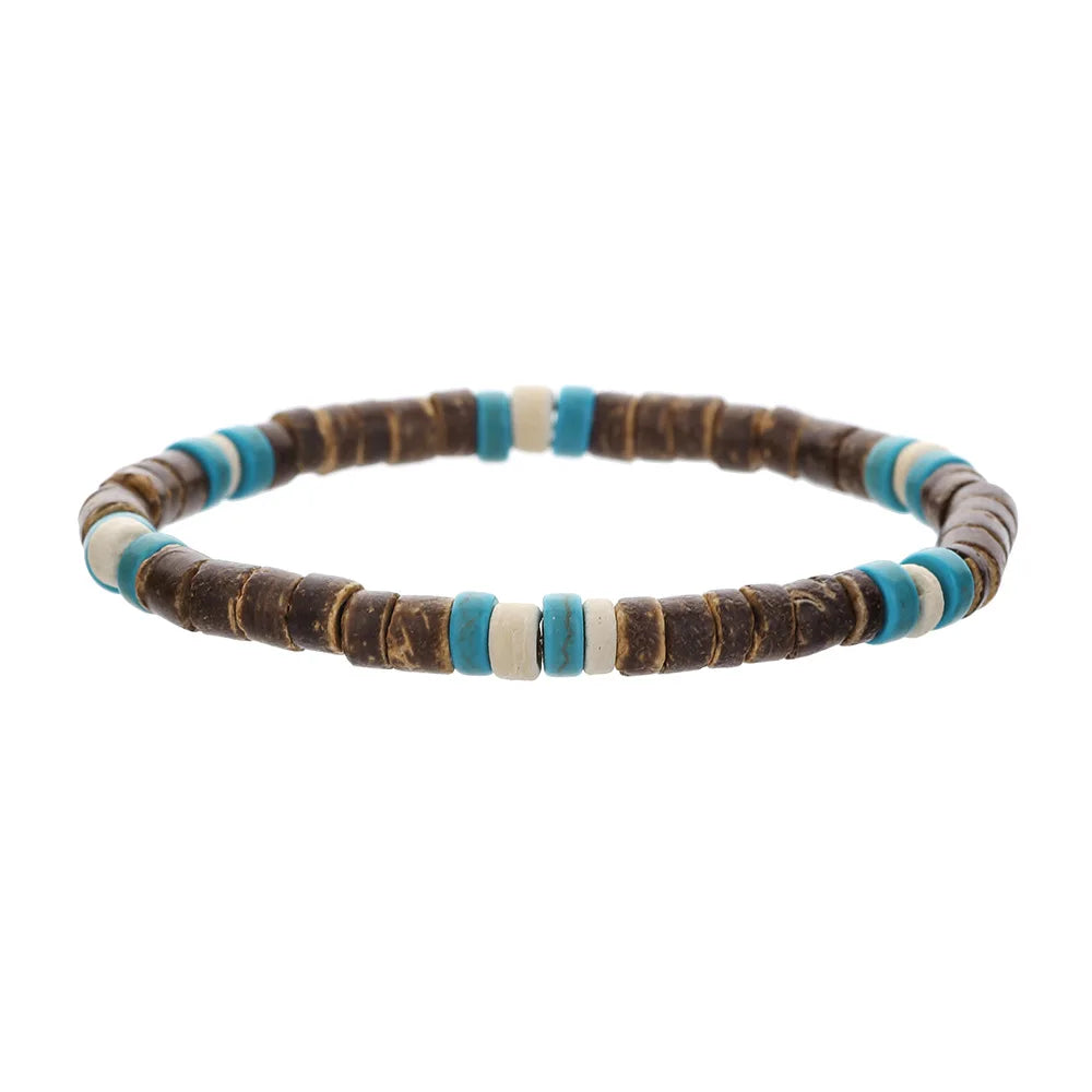 Coconut Turquoise Stone Wood Beads Bracelet Stackable Elastic Bracelet For Men and Women Retro Boho Vacation Jewelry Gifts
