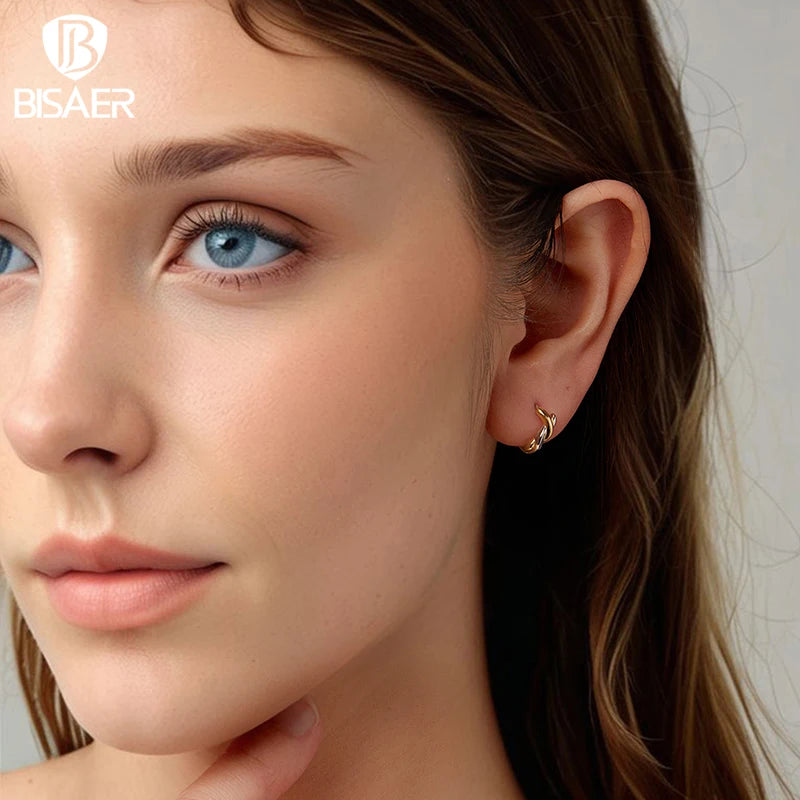 BISAER Real 925 Sterling Silver Cross X Hoop Earrings Two-tones  Minimalist Earrings 14K Gold Plated for OL Women Fine Jewelry