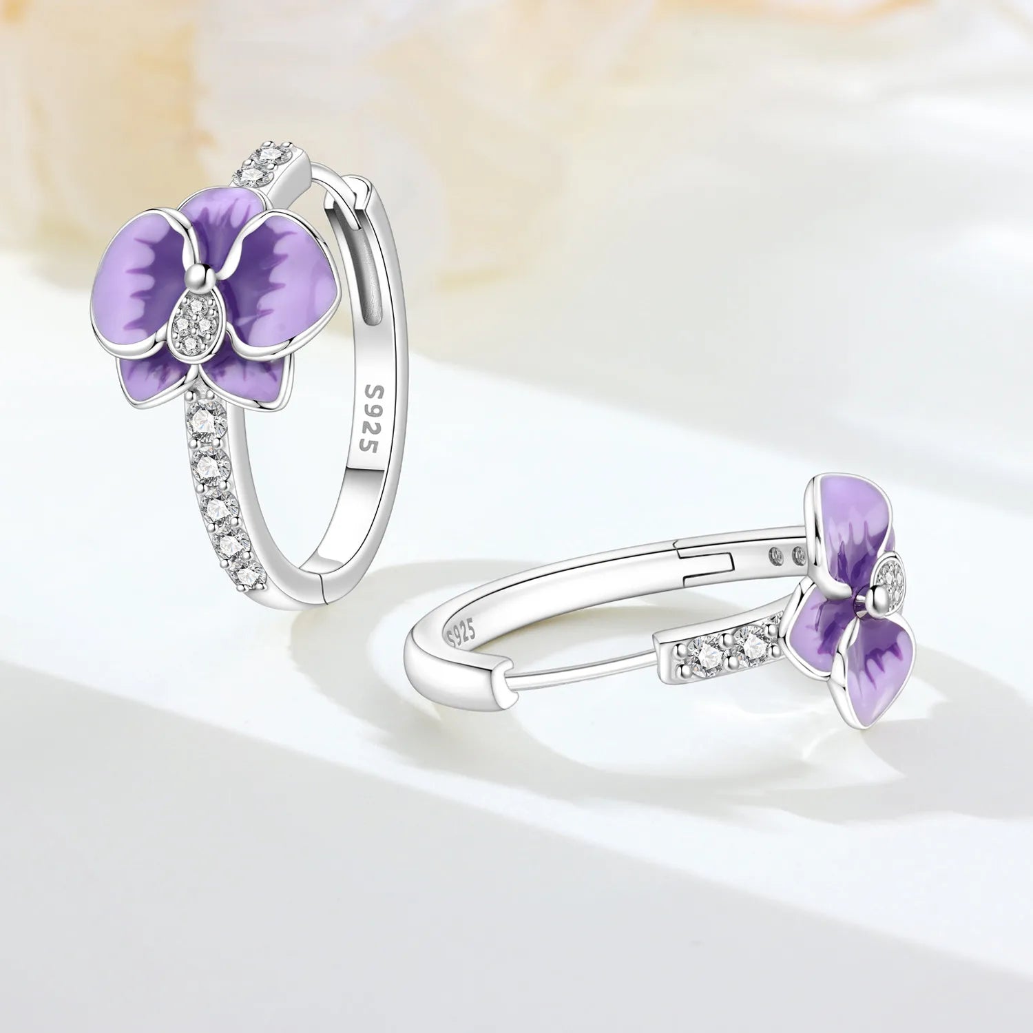 PANPOKI S925 Sterling Silver Purple Orchid Flowers Earrings Versatile Hoop Earrings For Women Jewelry Original Party Gifts