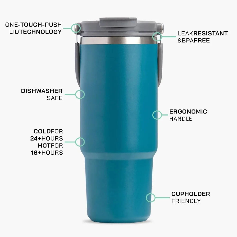 900ml Thermos Cup with Handle Drinking Water Bottle Insulated Stainless Steel Vacuum Water Bottle for Office Home Sports or Car