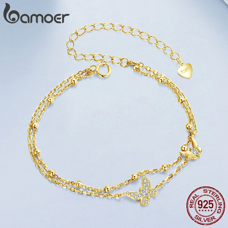 BAMOER Doppellagiges Schmetterlingsarmband aus 925er Sterlingsilber, verstellbar, mit Zirkonia-Perlen besetzt, zartes Geschenk für Damen