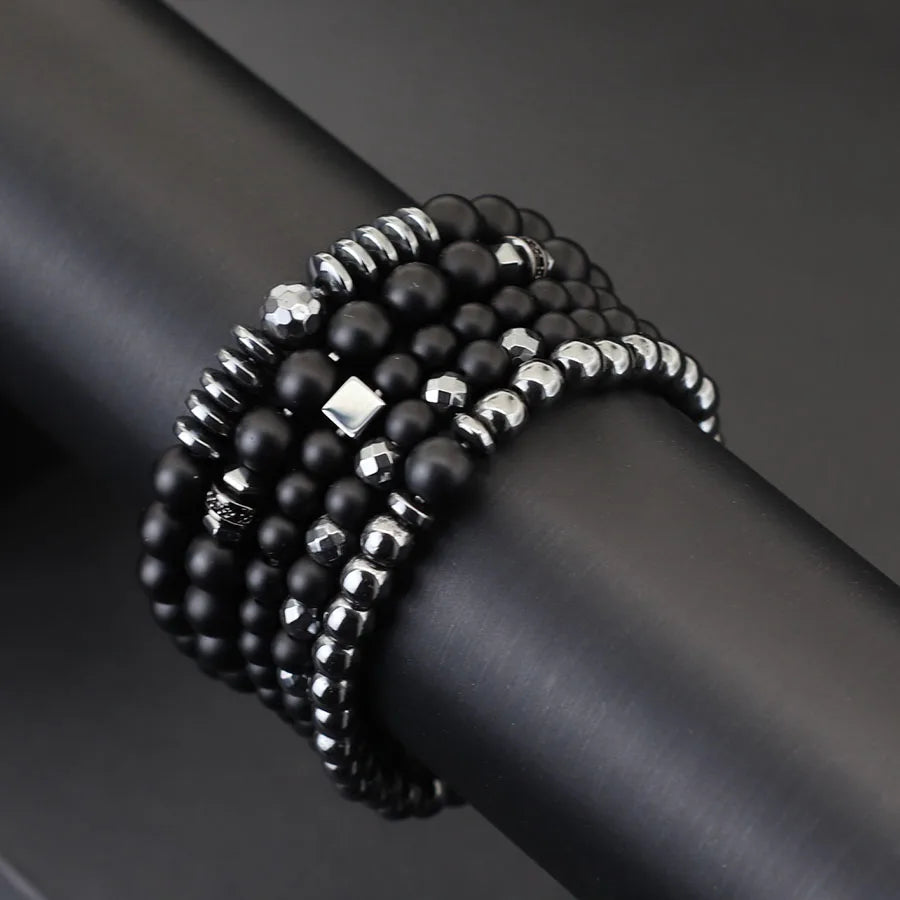 Stylish Men Bracelet Set Luxury Zirconia Wrap Braslet Black Onyx Hematite Healing Braclet Birthday Gift For Boyfriend Beaded