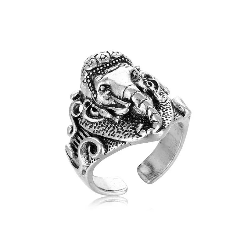 Retro Ganesha Elephant God Ring For Men Silver Color Punk Gothic Open Ring Handmade Designer Jewelry Unisex Hindu Accessories