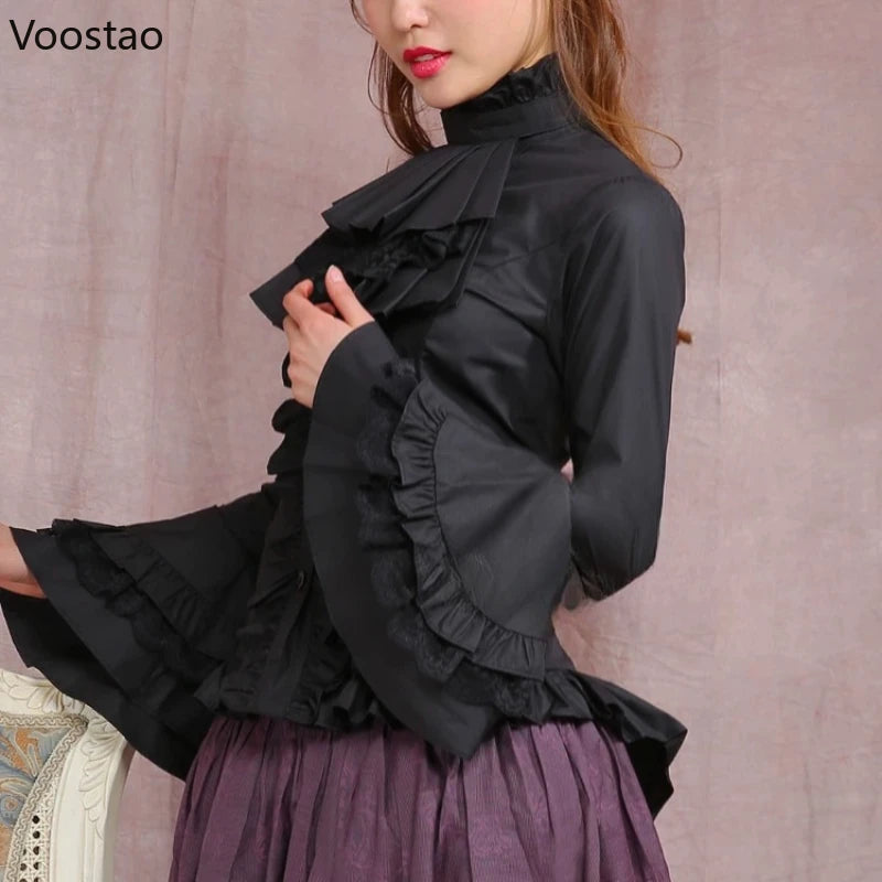 Japanese Gothic Lolita Flare Sleeve Shirts Women Y2k Aesthetic Lace Ruffle Patchwork Blouse Elegant Lady Loose Blusas Mujer Tops