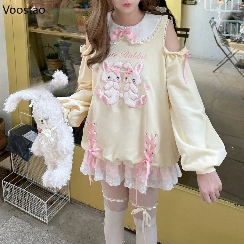 Japanese Sweet Lolita Style Skirt Sets Women Kawaii Bow Cartoon Bunny Off Shoulder Hoodie Cake Mini Skirt Suit Cute Y2k Outifits