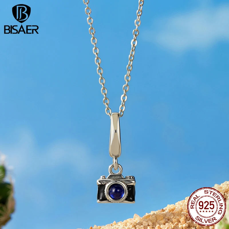 BISAER Real 925 Sterling Silver Camera Charm Bule Shiny Cameras Enamel Pendant For Women DIY Bracelet & Necklace Fine Jewelry