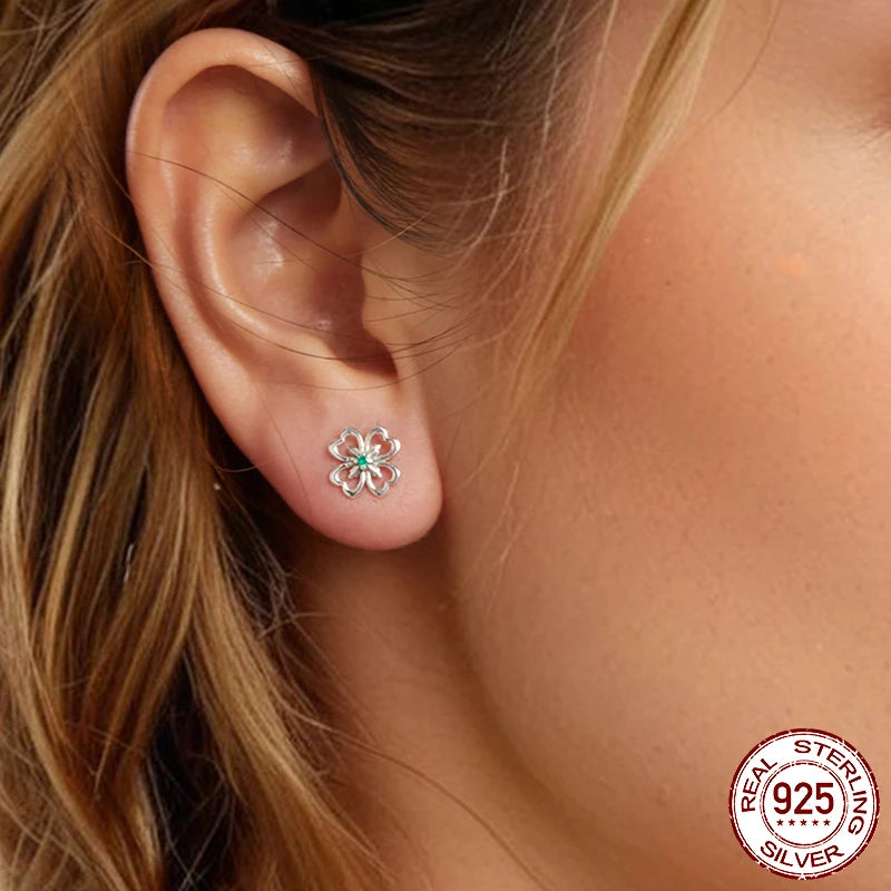 BAMOER Solid 925 Sterling Silver Four Leaf Clover Stud Earrings for Women Teens Hypoallergenic Small Cute Dainty Stud Earrings