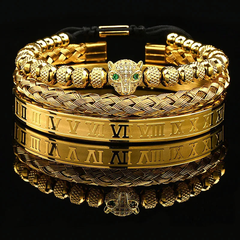 Luxury Black Stone Beads Leopard Head Man Bracelet Enamel Stainless Steel Roman Bangles Women Jewelry Set