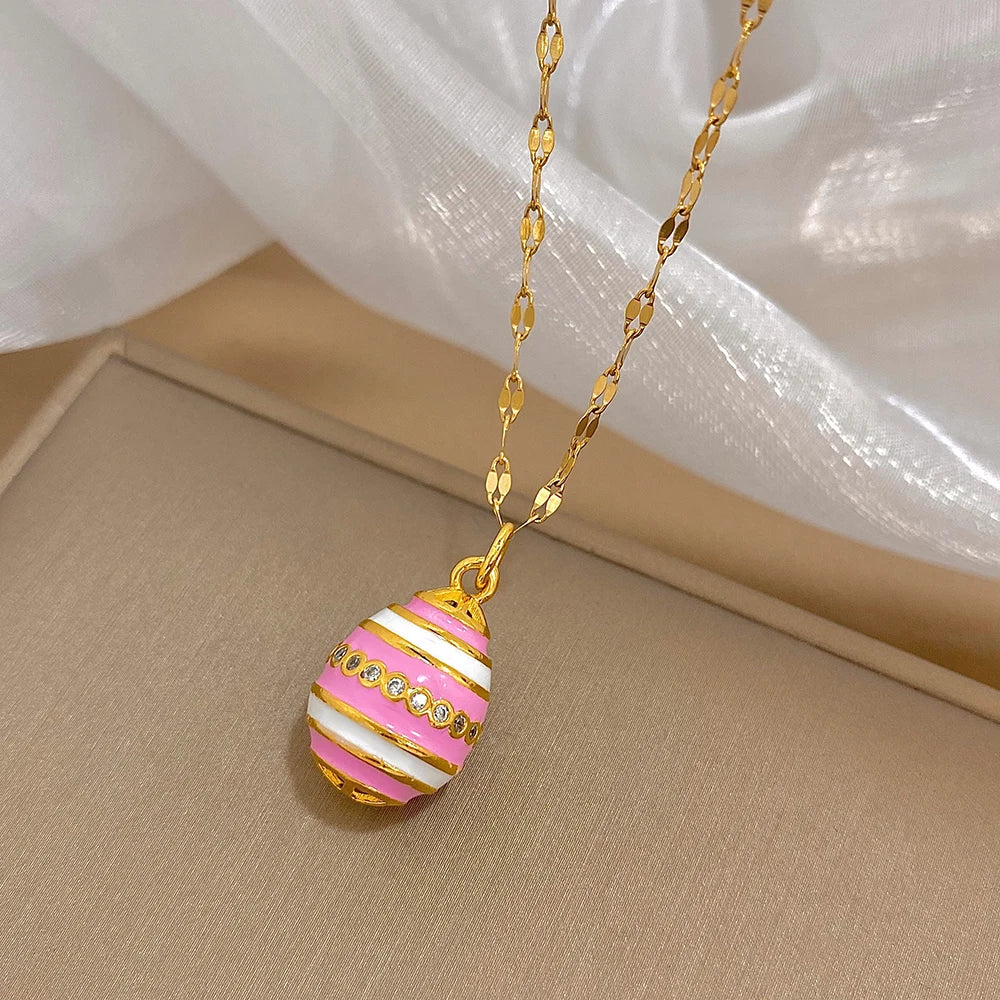 Greatera Colorful Enamel Easter Egg Pendant Necklaces for Women Guilloche Locket Egg Gold Plated Chain Necklaces Party Jewelry