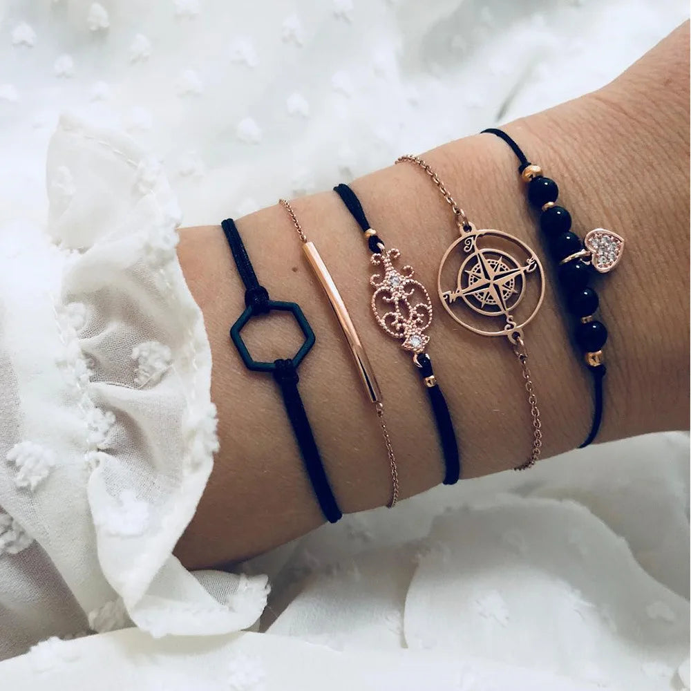 Trendy Geometric Link Chain Bracelet Set For Women Rhinestones Gold Color Leaves Heart Pendant Open Cuff Bangle Girls Jewelry - Madeinsea©