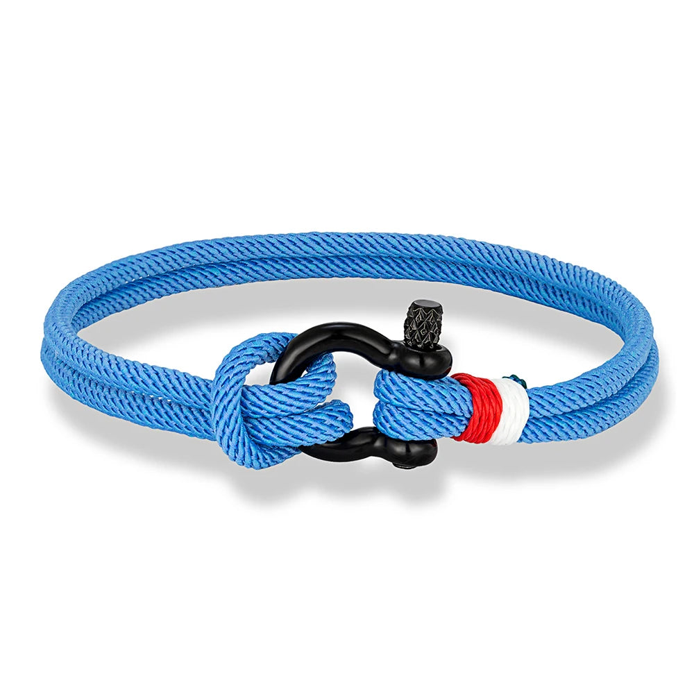 MKENDN Schwarzes Armband aus Edelstahl mit Hufeisenschnalle für Männer und Frauen, marineblaues Überlebensarmband aus geflochtenem Seil, Paarschmuck