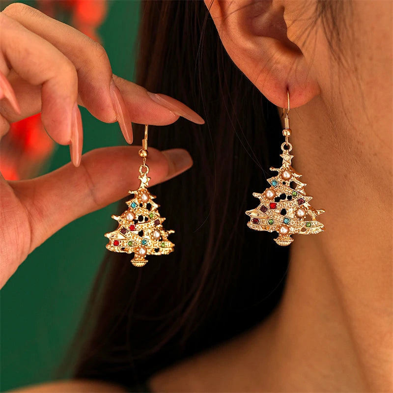 Exquisite Zircon Snowflake Pearl Earrings for Women Shiny Crystal Xmas Tree Round Ball Hanging Earring Christmas Daily Jewelry
