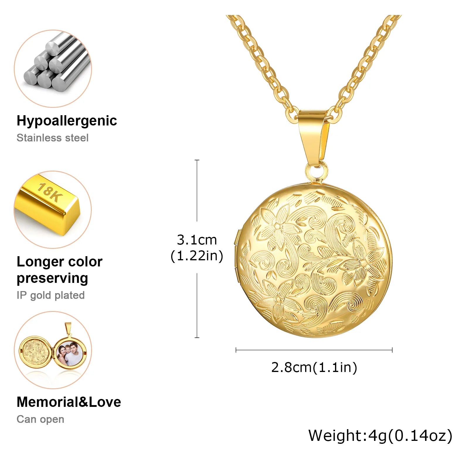 Vnox Light Heart Locket Pendants for Women Men Openable Photo Frame Glossy Stainless Steel Necklaces Family Love Collar