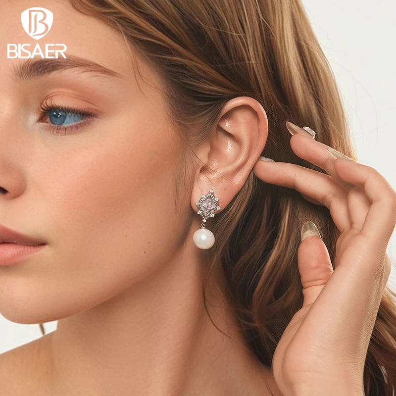 BISAER Starlight Pink Shell Stud Earrings Star Zircon Stud Ear Plated White Gold For Woman Party Engagement Fashion Jewelry