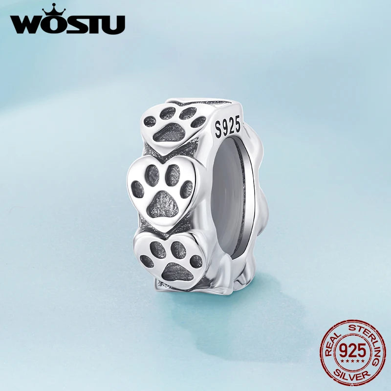 WOSTU 925 Sterling Silver Pet Paw Print Silicone Beads Lovely Cat Spacer Bead Fit Original Bracelet Gift For Pet Lover Family