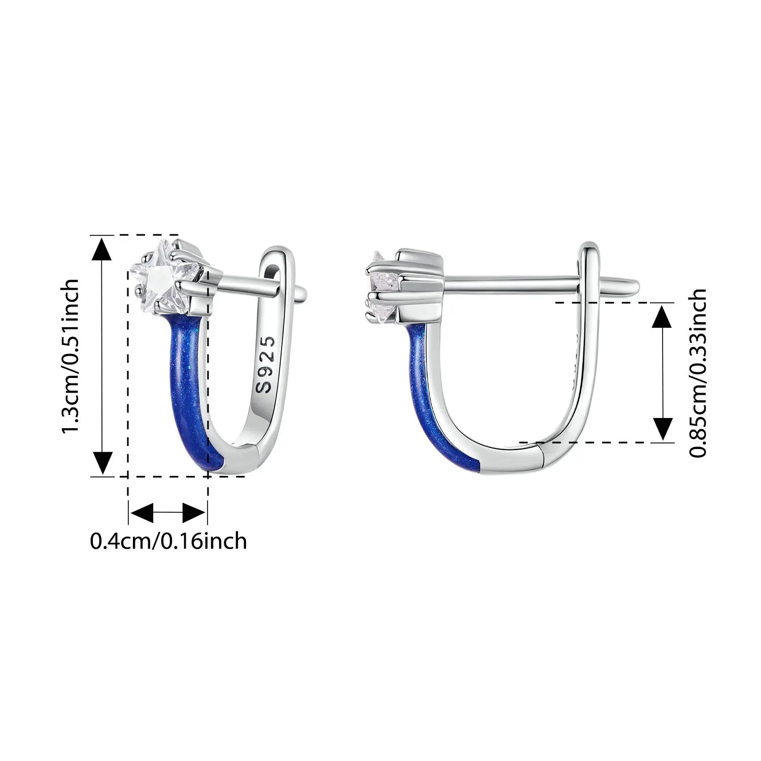 BAMOER U Shape Star Ear Buckles Blue Enamel Hypoallergenic Stud Earrings for Women Teen Girls Bright Pave CZ Jewelry Gift