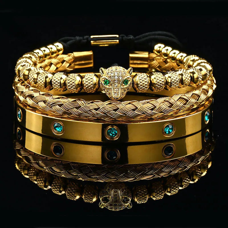 Luxury Black Stone Beads Leopard Head Man Bracelet Enamel Stainless Steel Roman Bangles Women Jewelry Set - Madeinsea©