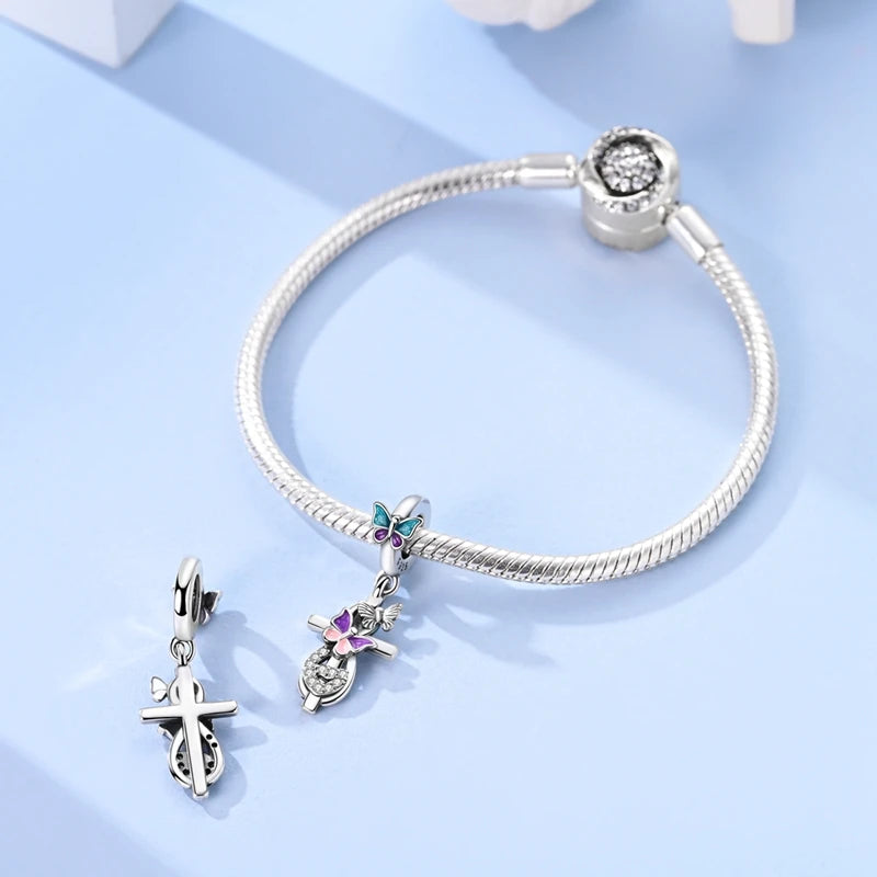 100% 925 Sterling Silver Charms Beads Bible Zircon Cross Jesus Both Hands Pray Fit 925 Original Bracelets Fine DIY Party Jewelry