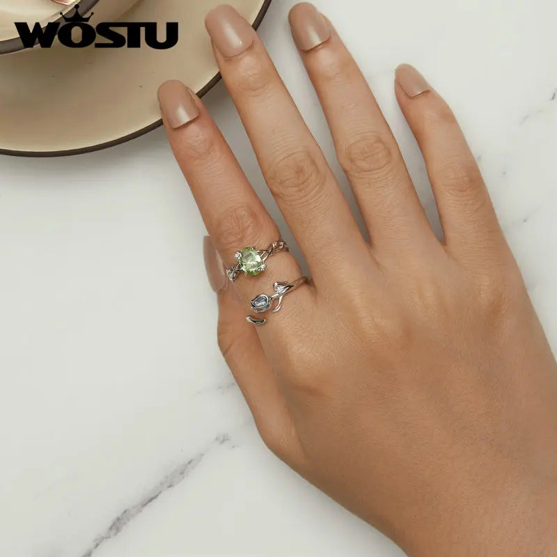 WOSTU 925 Sterling Silver 3D Tulip Open Ring Light Blue Sea Turtle Finger Ring Ocean Opal for Women Dreamy Party Jewelry Gift