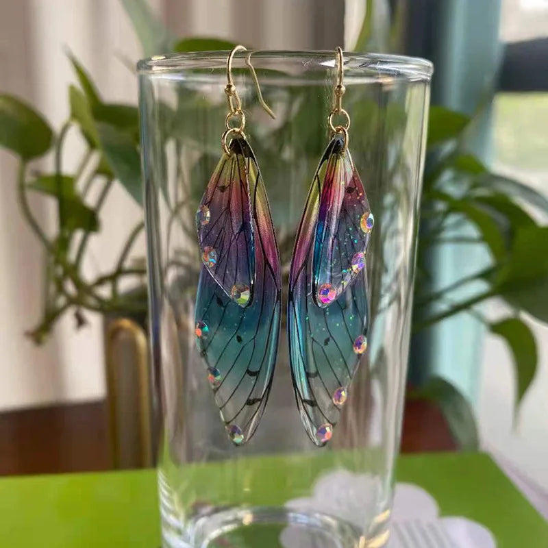 Minar Fairy Clear Gradient Resin Simulation Wings Butterfly Rhinestone Flake Long Dangle Earrings for Women Casual Party Jewelry