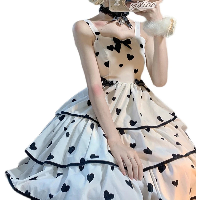 Summer Sweet Lolita Style Princess Dress Women Chic M-3XL Dresses Japanese Kawaii Girl Cosplay Bow Hearts Print Tiered Vestidos