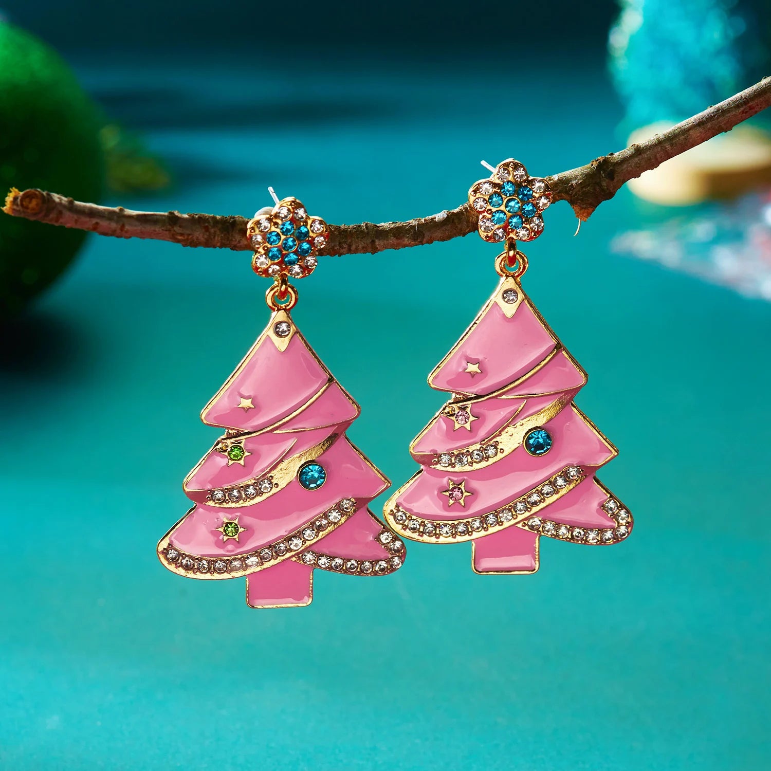 Creative Pink Christmas Tree Dangle Earrings For Women Crystal Zircon Heart Xmas Tree Hat Bell Earring Party Festival Jewelry