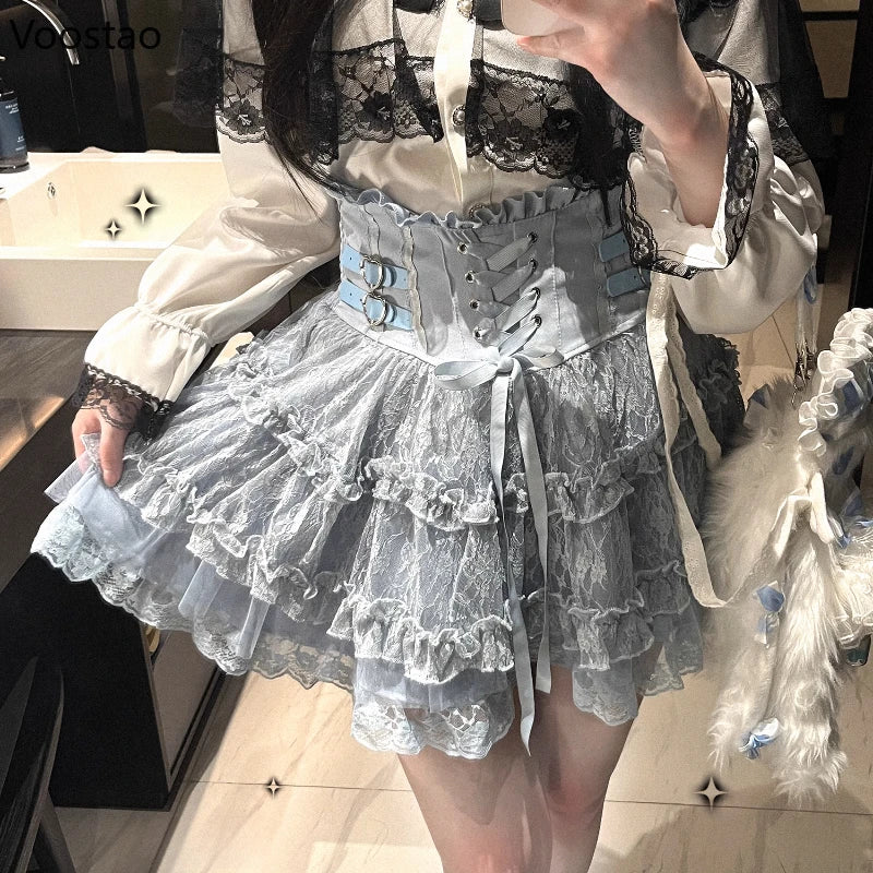 Japanese Sweet Lolita Style Mini Skirt Women Elegant Lace Bandage Party Cake Skirts Female Gothic Y2k Metal Buckle Short Skirt