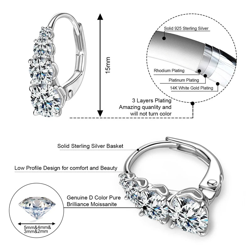 All Moissanite Hoops Luxury Earrings for Women 925 Sterling Silver Wedding Daily Wear Jewelry 6.5mm&5.5mm&4mm Round Lad Diamond