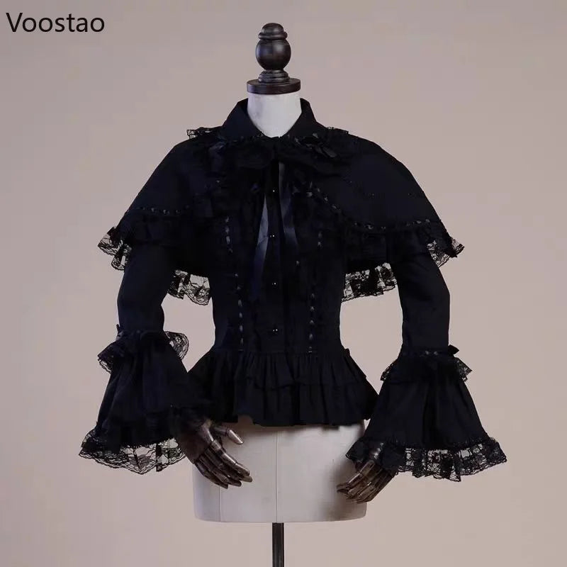 Gothic Y2k Lolita Style Cloak Shirts Japanese Women Lace Ruffles Flare Long Sleeves Blouse Female Victorian Vintage Slim Tops