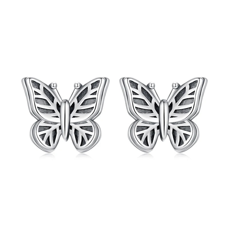 WOSTU Vintage 925 Silver Hollow Butterfly Stud Earrings For Women, Hypoallergenic Retro Ear Studs Pendient Family Lover Gift