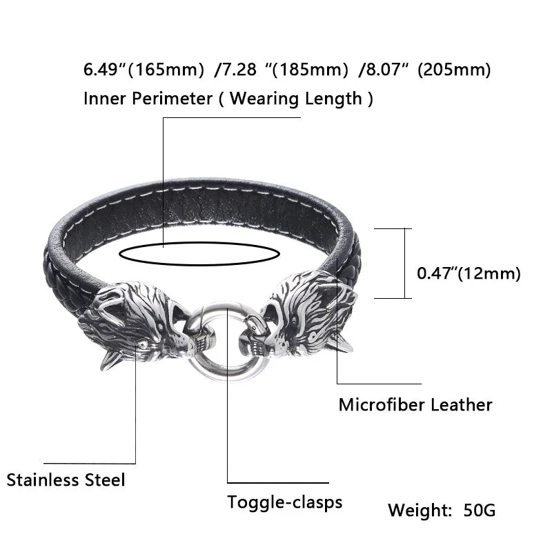 MKENDN Classic Animal Norse Viking Double Wolf Head 316L stainless steel Men's Leather Bracelet Fashion Punk Jewelry Pulseras