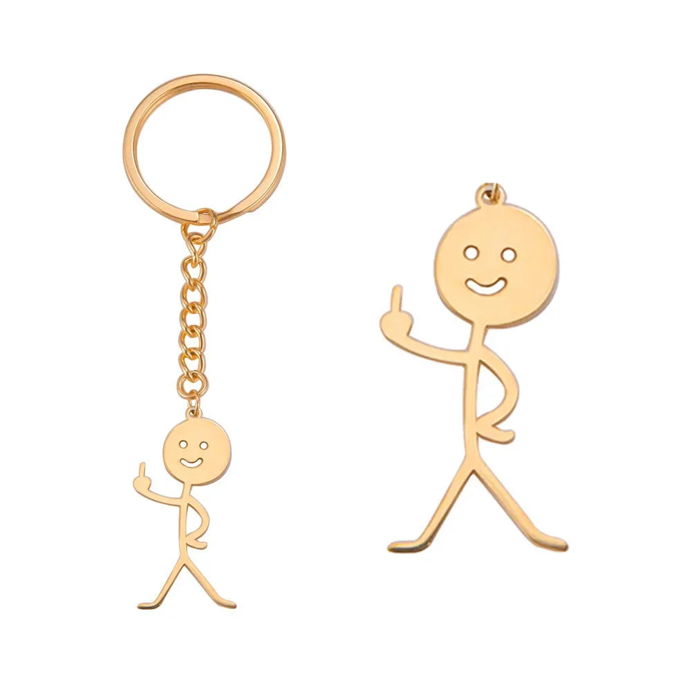 Dreamtimes Funny Doodle Key Chain Graffiti Stainless Steel Middle Finger Stickman Men Pendant Key Rings Jewelry Couples Hip-hop