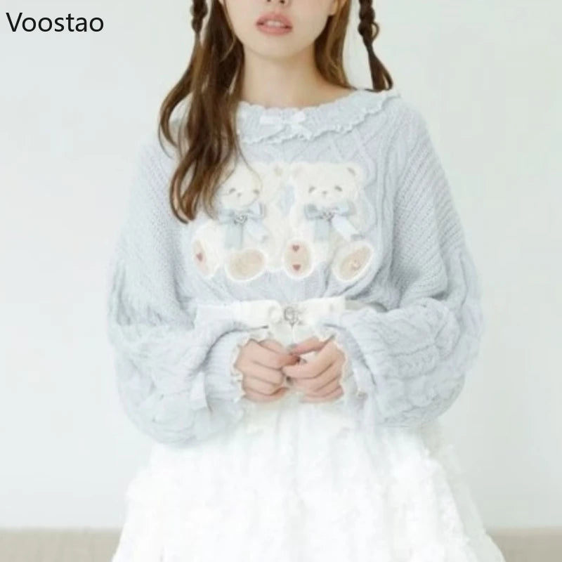 Vintage Sweet Lolita Style Knitted Pullover Girls Cute Plush Cartoon Bear Embroidery Bow Sweater Women Harajuku Knitwear Tops