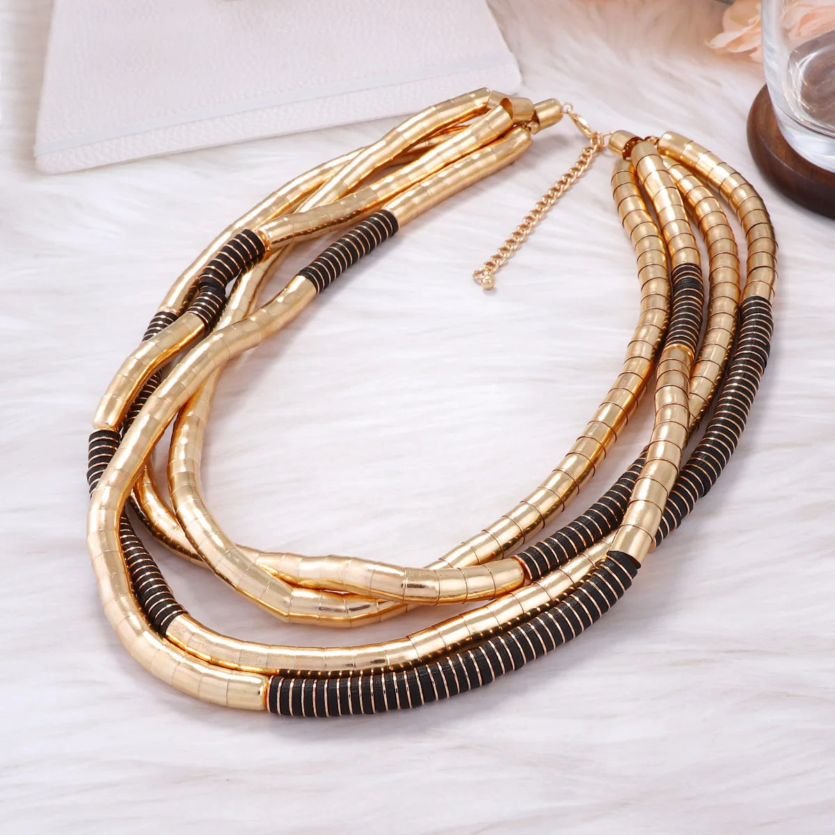 ZAA Personalized Retro Multi-layer Metal Bead Black Wood Necklace