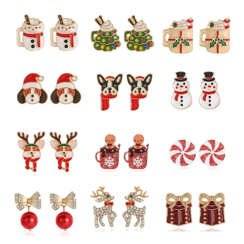 New Fashion Christmas Earrings for Women Cute Cartoon Gingerbread Man Zircon Elk Snowflake Xmas Tree Pearl Earring Girl Jewelry