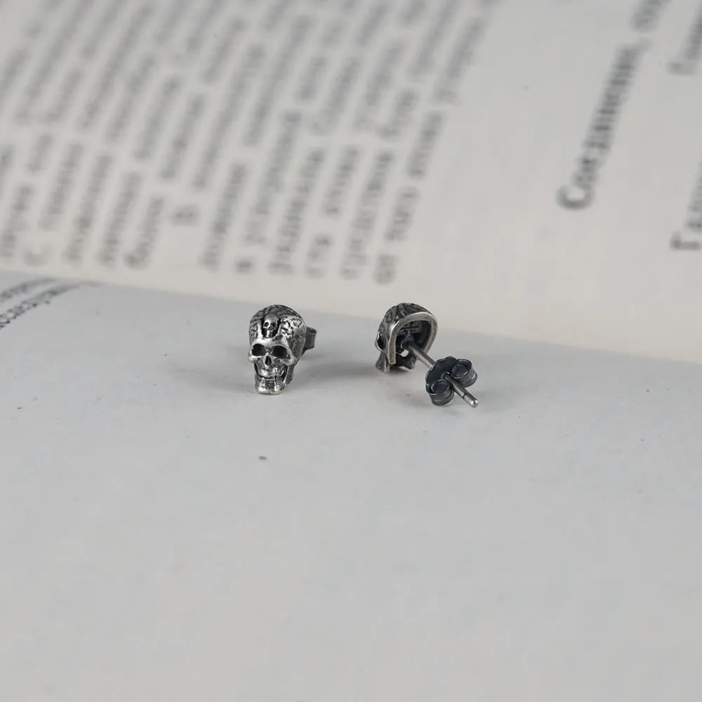 MKENDN Pure 925 Sterling Silver Creative Retro Skull Stud Earring Trendy Street Punk Style for Men Women Europe Fine Jewerly