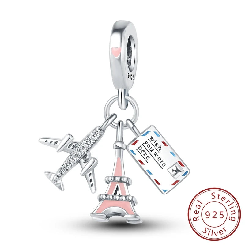 Original Charms Pendant Real S925 Sterling Silver Travel Luggage Airplane Charms Beads for Women Fine Jewelry Gift Making