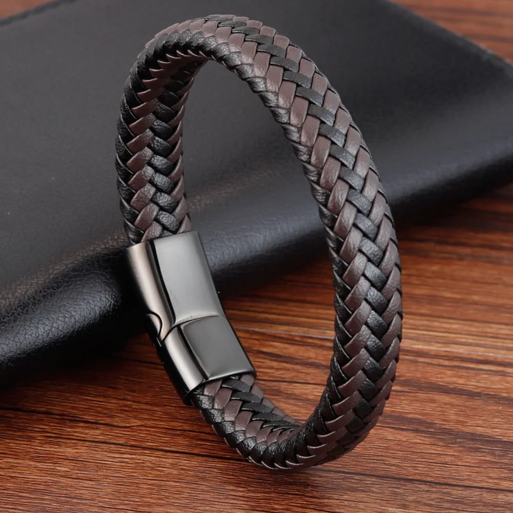 MKENDN Punk Men Braided Genuine Black Coffee Leather Bracelet Black Stainless Steel Magnetic Buckle Bracelet Gifts Homme Pulsera