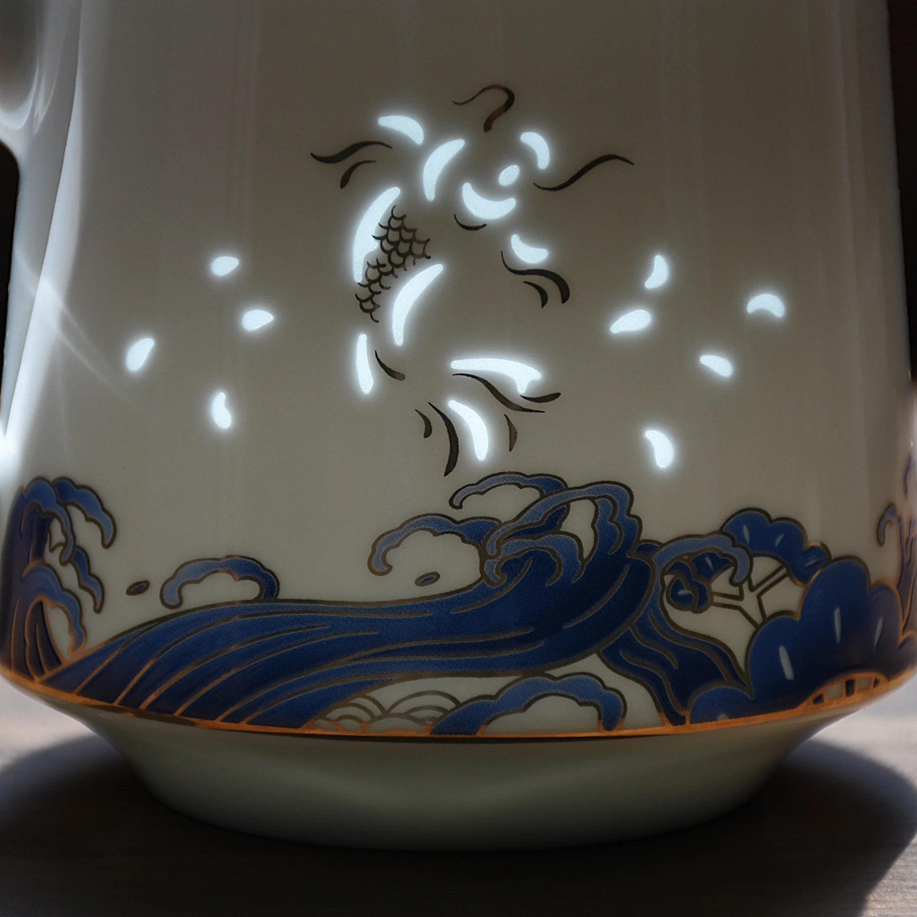 LIANHUA POTTERY Linglong Porcelain Mug with Tea Strainer Handcrafted Pierced Golden Koi and Blue Wave Cup Luxury Anniversar Gift