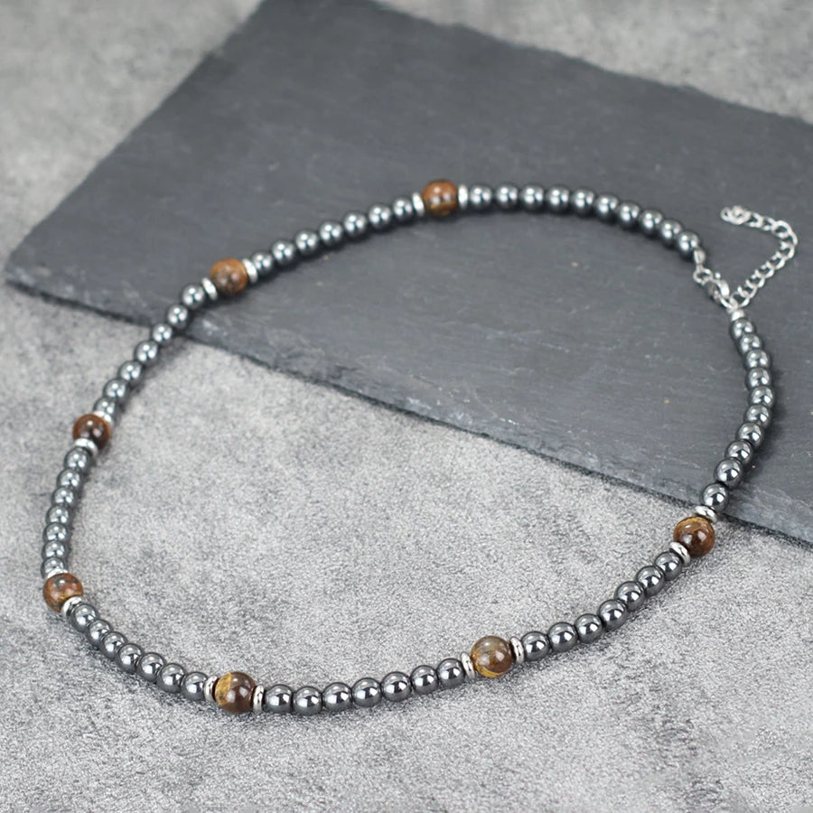 Stylish Natural Stone Necklace For Men Lava Tiger Eyes Howlite Hematite Healing Neck Accessories Hombre Stainless Steel Buckle
