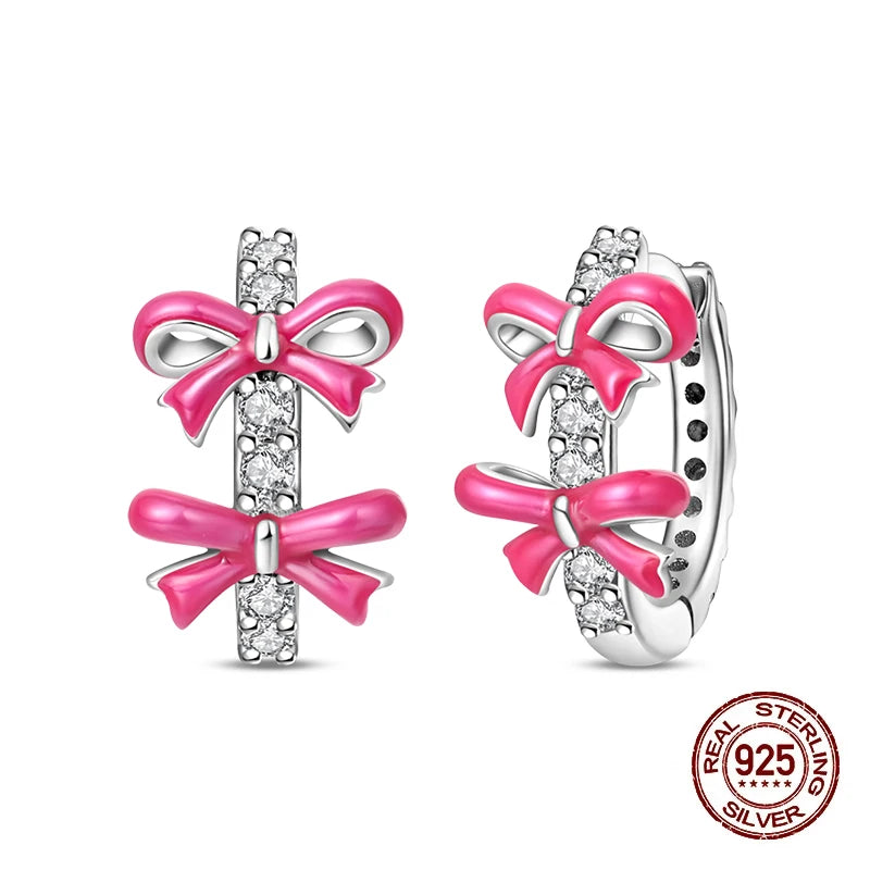 Sweet Bows Earrings 925 Silver Shining Heart Shaped Zircon Hoop Earrings For Women Engagement Birthday Proluxy Fine Jewelry Gift