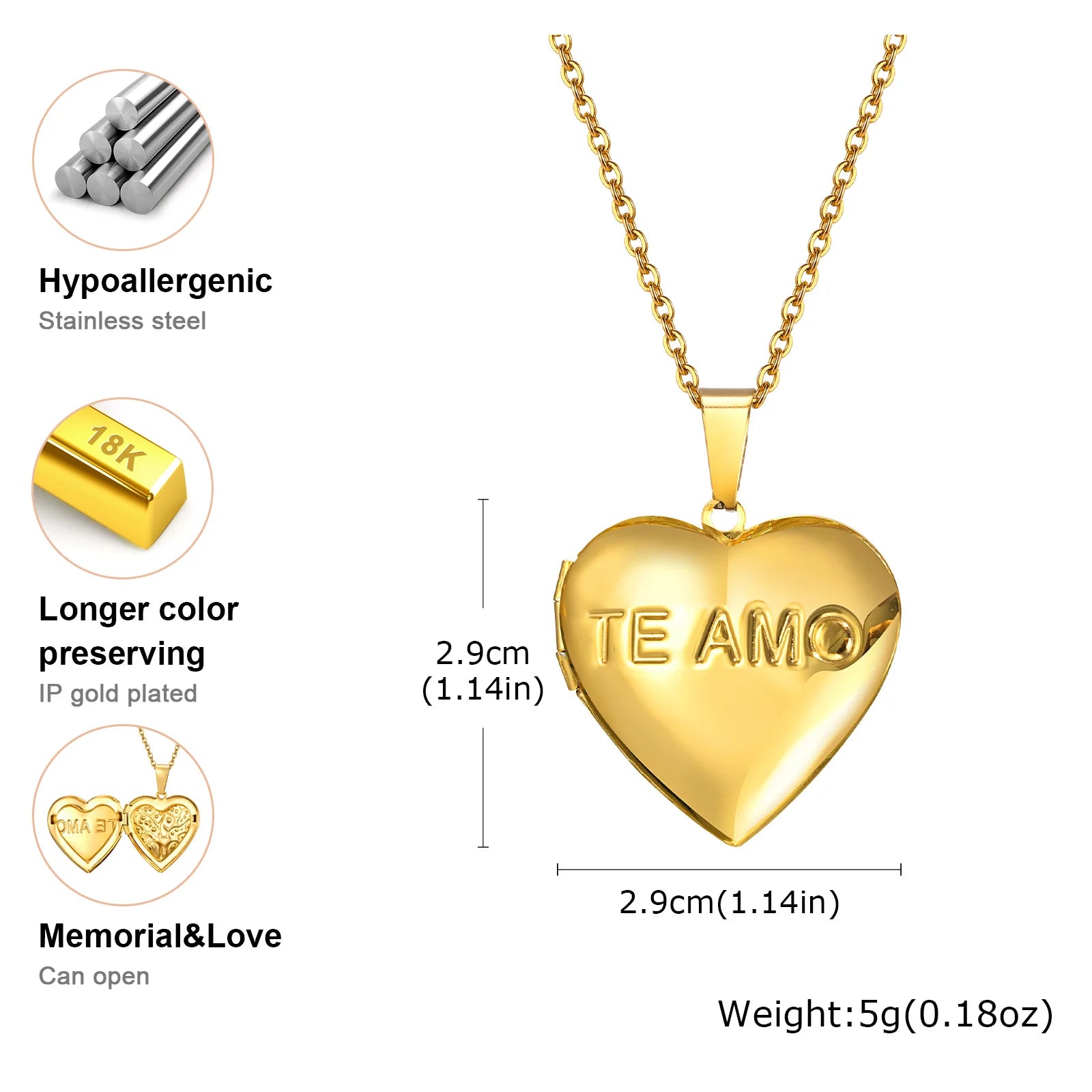 Vnox Light Heart Locket Pendants for Women Men Openable Photo Frame Glossy Stainless Steel Necklaces Family Love Collar