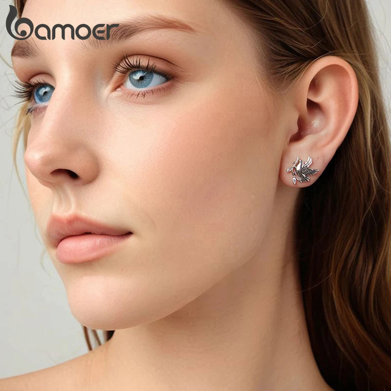 BAMOER 925 Sterling Silver Dove of Peace Stud Earrings Oxidized Bird For Peace Earrings with Push Back Women Girls Daily Jewelry