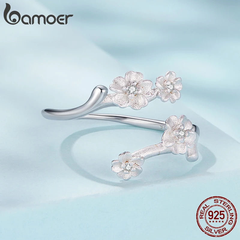 Bague ouverte BAMOER en argent sterling 925, motif fleur de prunier, bague ajustable, motif floral d'hiver, texture givrée, cadeau élégant pour femme